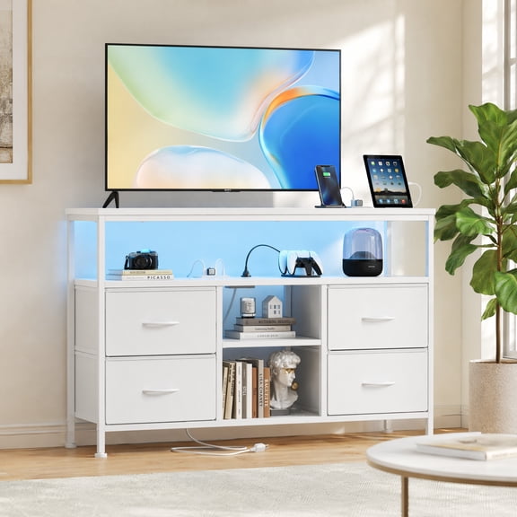 White TV Stand Media Console, 4 Drawers & LED Lights with Charging Station for Living Room