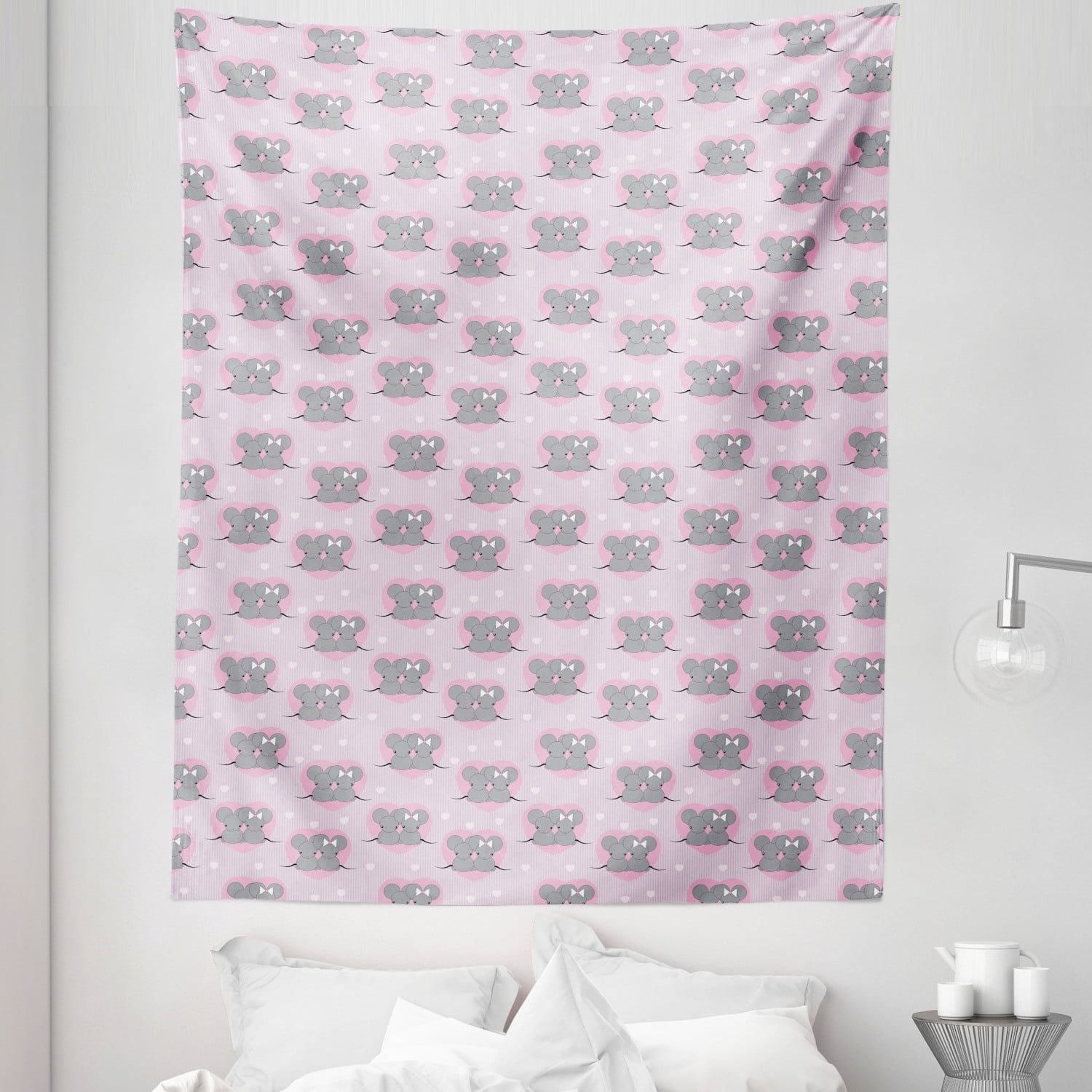 Pink and Grey Tapestry, Little Mouse Characters with Hearts on Striped