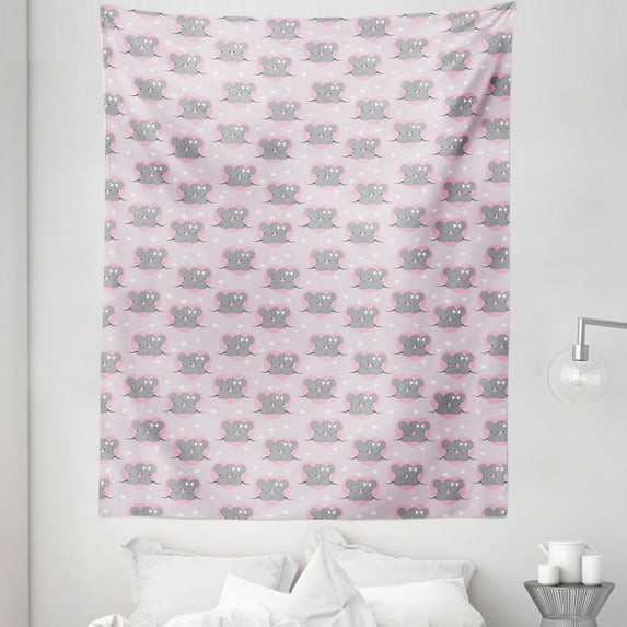 Pink and Grey Tapestry, Little Mouse Characters with Hearts on Striped Backdrop Cartoon Lovers, Fabric Wall Hanging Decor for Bedroom Living Room Dorm, 5 Sizes, Grey and Pink, by Ambesonne