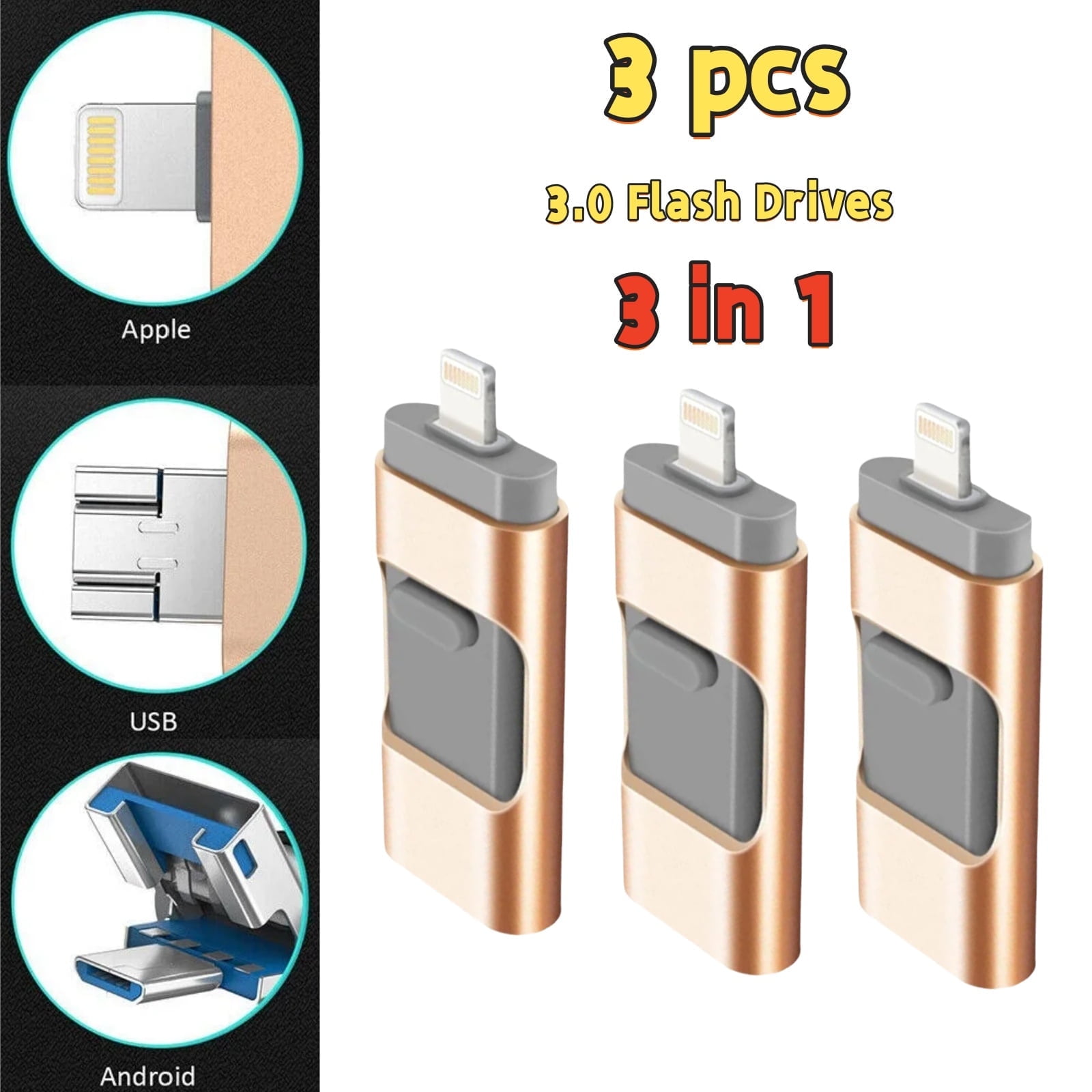 Jahy2Tech 3pc of 64GB USB 3.0 Flash Pen Drives - Compatible with USB, iOS, and Micro Devices，All-in-One Memory Solution