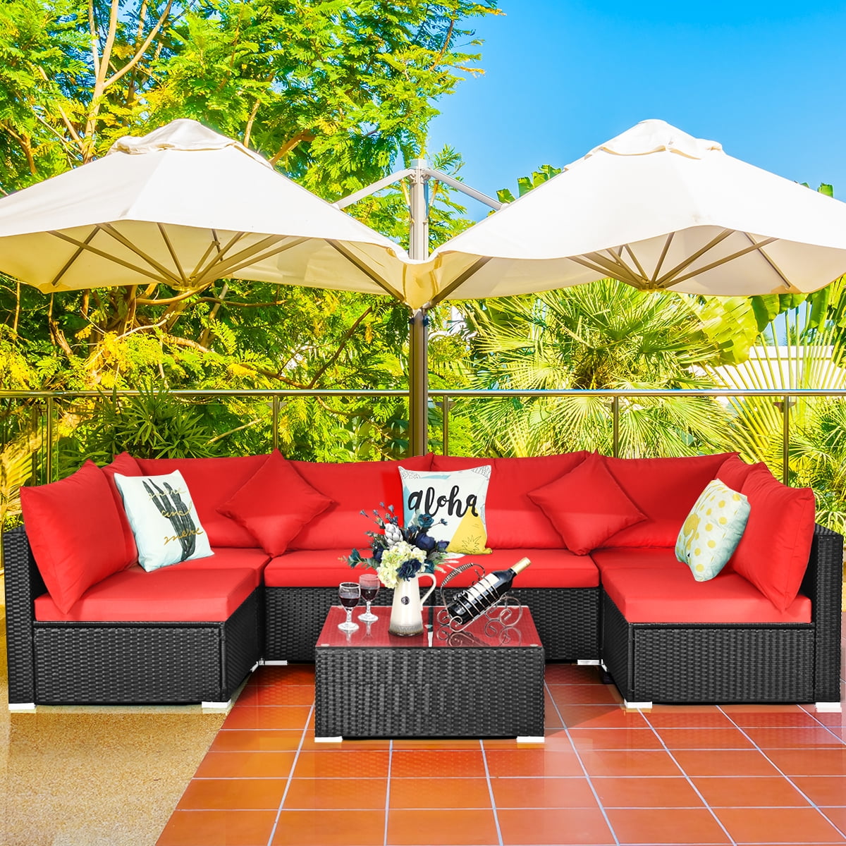 Costway 7PCS Patio Rattan Sofa Set Sectional Conversation Furniture Set