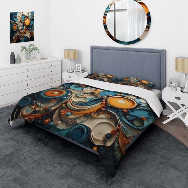 Designart "Teal Yellow Abstract Fractal composition Melodies II" Modern Bedding Covert Set - Fractals Teal Abstract Bed Set With 2 Shams