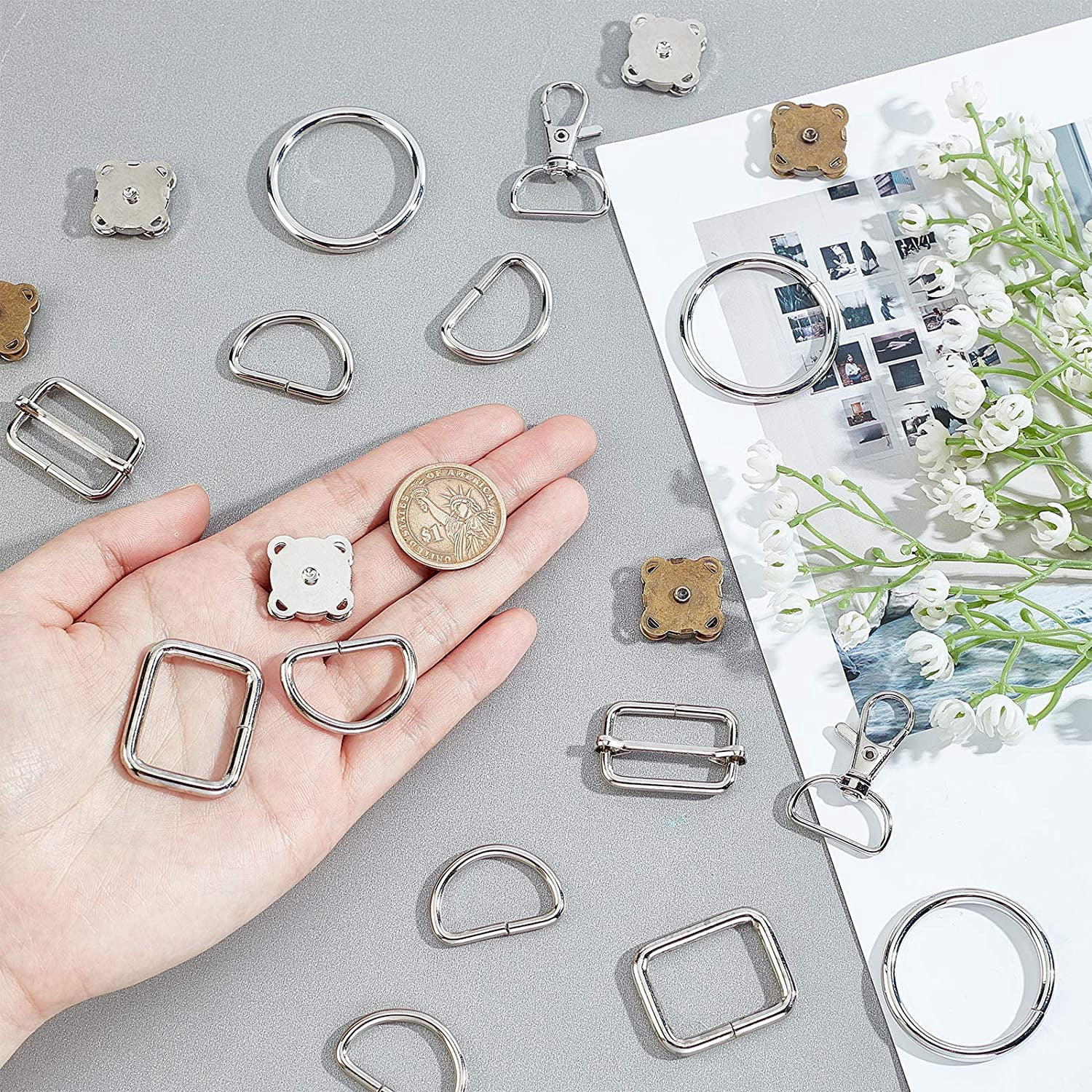 70pcs 6 styles Metal bag Clasp Kit Including 10pcs Lobster Claw Clasps 10pcs Rectangle Ring 10pcs D Rings 10pcs O Rings 10pcs Slider Buckle 20pcs Snap Clasps for DIY bag Making