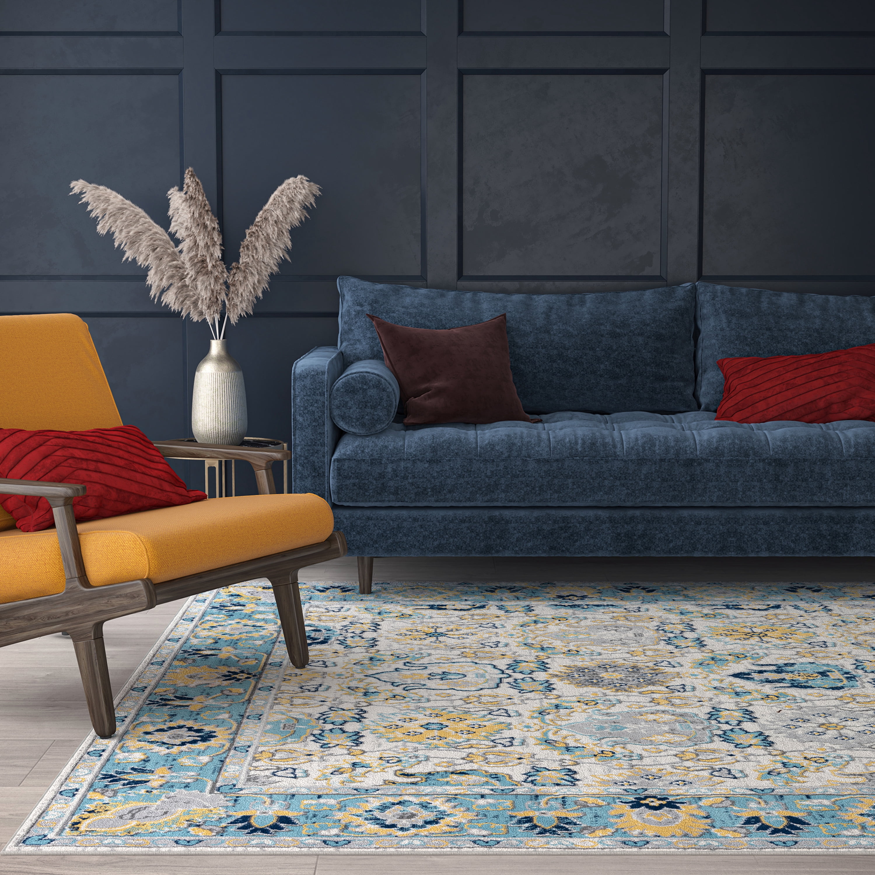 Transitional 8x10 Area Rug (7'11'' x 10'3'') Oriental Aqua, Yellow Living Room Easy to Clean