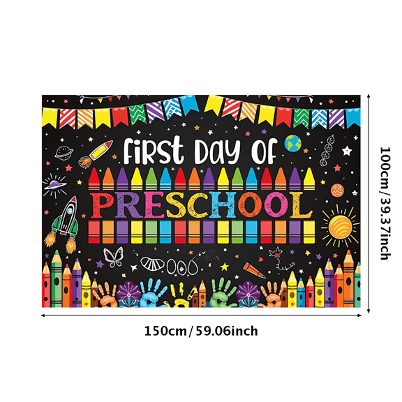 Colorful Crayons First Day of Preschool Banner Handprints Space Decorations for Classroom School Event Kids Celebration