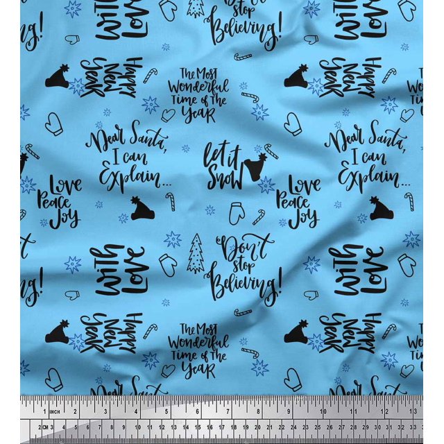 Soimoi Blue Poly Georgette Fabric Christmas Tree & Love Peace Joy Text Printed Fabric 1 Yard 42 Inch Wide