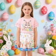 thumbnail image 5 of Laipiong Easter Bunny Floral Print Girls Two Piece Outfits With Bow Shorts And Lace Trim Top For Fashion Light Pink 1-2, 5 of 9