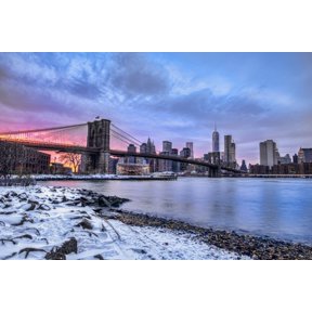 Brooklyn Bridge with snow-covered landscape at sunset Brooklyn Bridge Park Brooklyn New York United States of America Canvas Art - F M Kearney Design Pics (19 x 12)