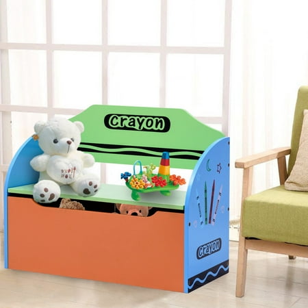 Material Box - Gymax Crayon Themed Wood Toy Storage Box and Bench for Kids Toddler Children Colorful