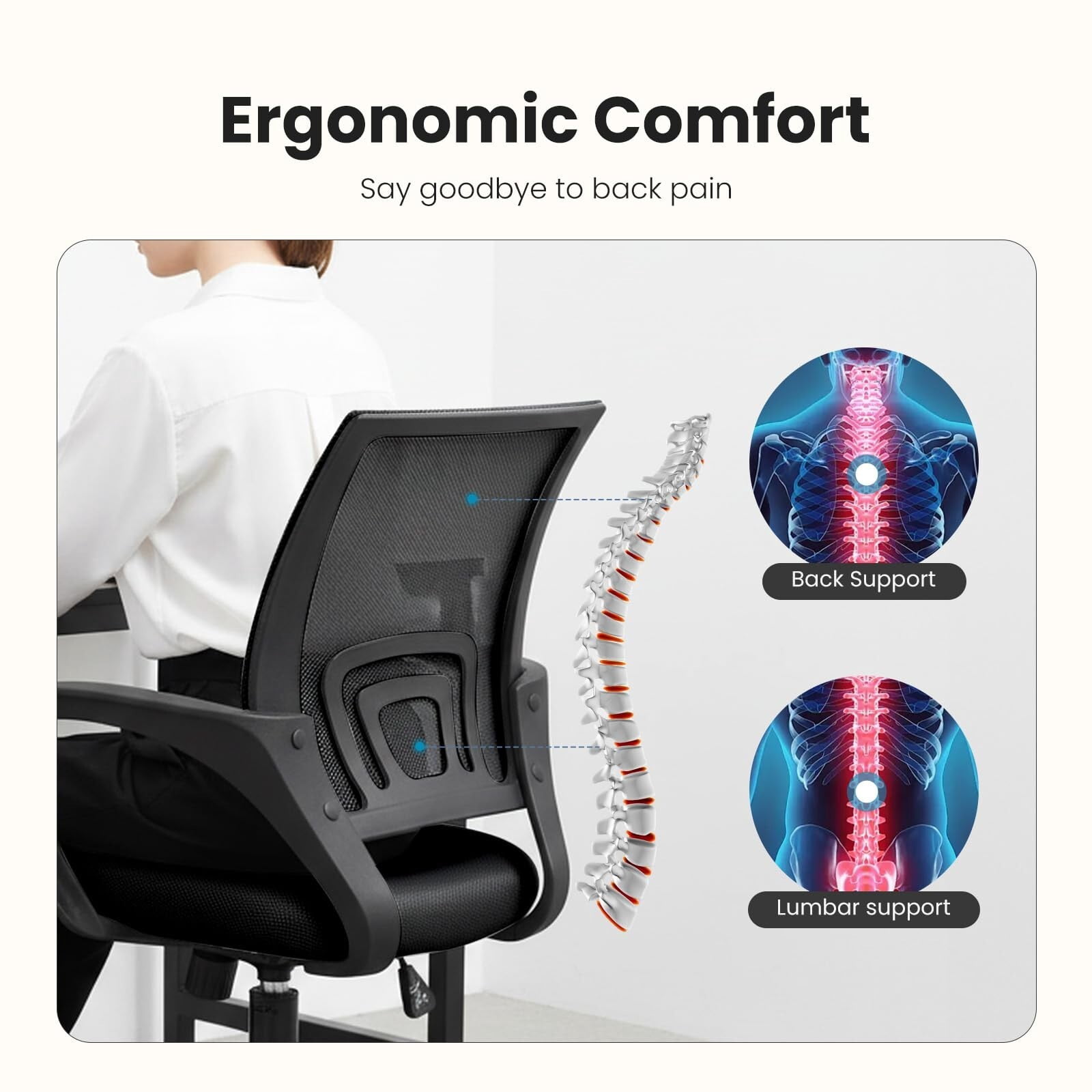 Kelno Mid-Back Mesh Office Chair 250lb Capacity Ergonomic Desk Chair with Lumbar Support Adjustable Height Rocking Task Chair, Black