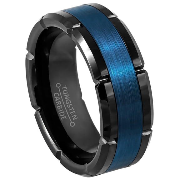 Jewelry Avalanche Blue & Black Tungsten Wedding Band, 8mm Notched Edge Comfort Fit Ring for Men, size 10
