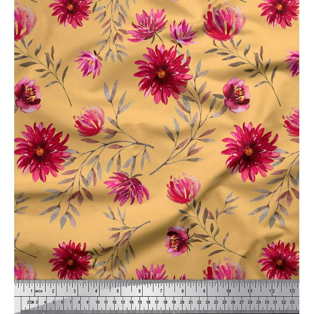 Soimoi Poly Georgette Fabric Leaves & Aster Floral Printed Fabric 1 Yard 52 Inch Wide