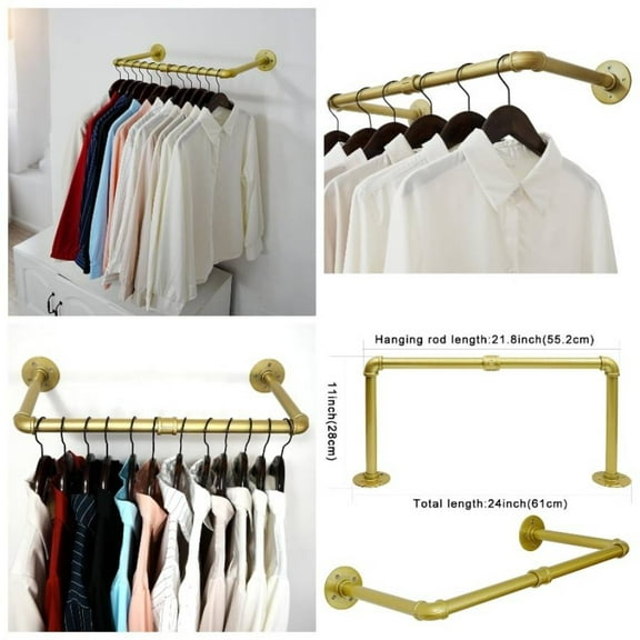 Industrial Pipe Clothing Rack, 24 Wall Mounted Clothes Rack Hanging Clothes, Heavy Duty Metal Garment Rack Bar Wall Mount Clothing Rod Closet, Laundry Room, Gold