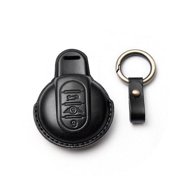 fastboy Leather Car Key Case Cowhide Holder Full Protection Shell Auto Fashion Keychain Soft Cover Replacement for MINI Black