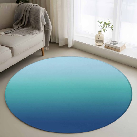 Teal Blue Ombre Round Area Rug 4 FT, Non Slip Indoor Outdoor Rug, Modern Abstract Art Gradient Aesthetics Washable Soft Circular Carpet Non-Shedding Floor Mat for Coffee Table Nursery Foyer Balcony