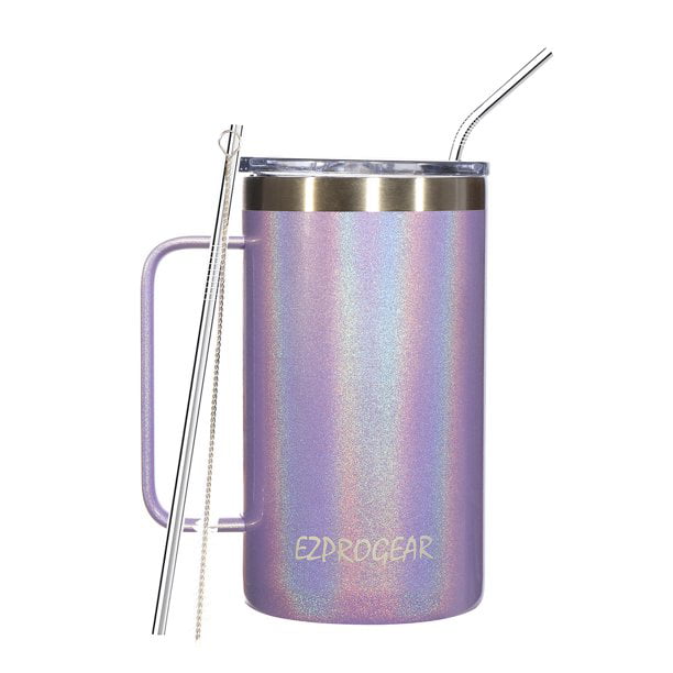 Ezprogear 24 oz Coffee Mug Stainless Steel Double Wall Vacuum Insulated  Tumbler with Handle, Lid and Straws (Glitter White)