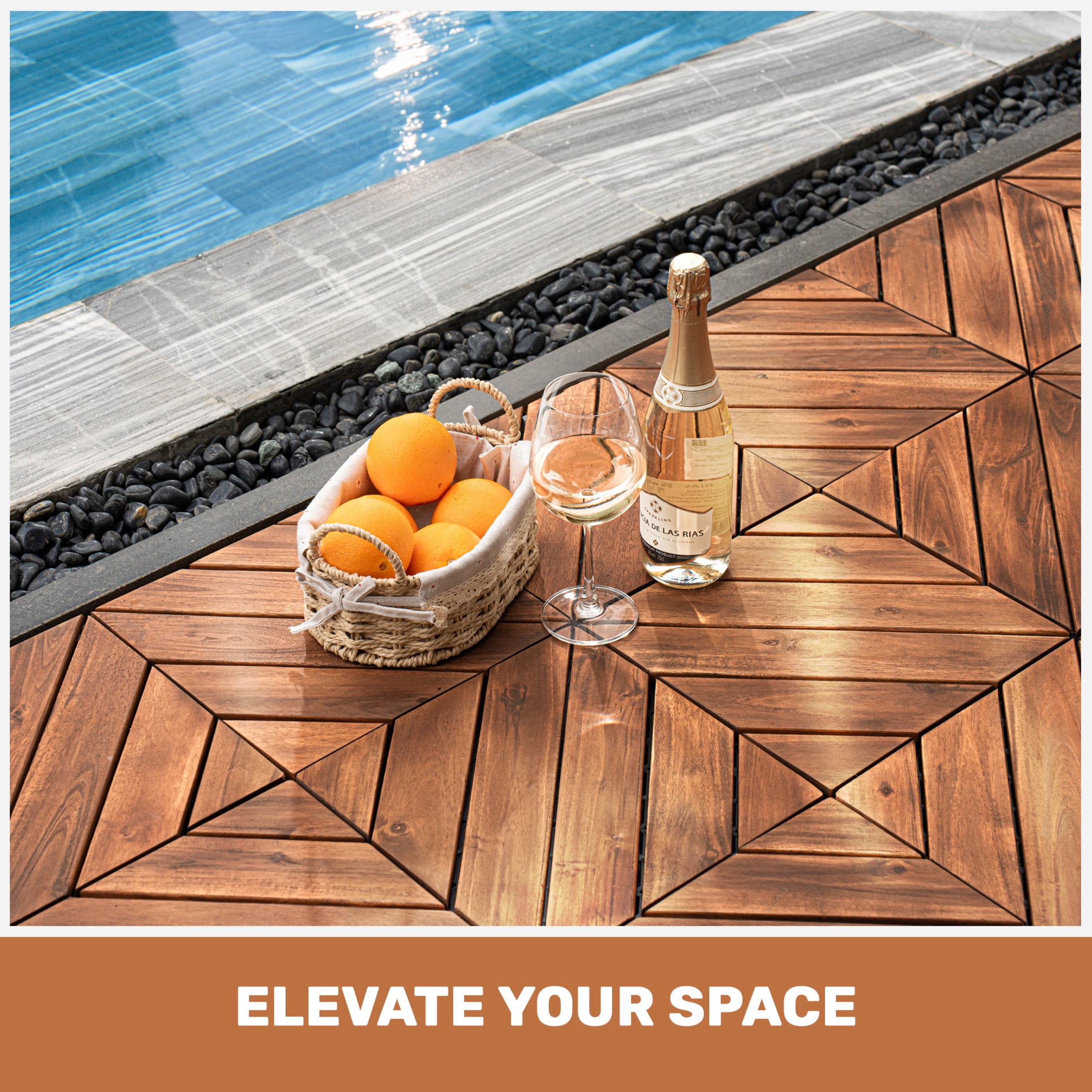 Noble House 12" x 12" Interlocking Deck Tiles, Diagonal Pattern Acacia Wood Outdoor Floor Decking, Brown, Set of 10