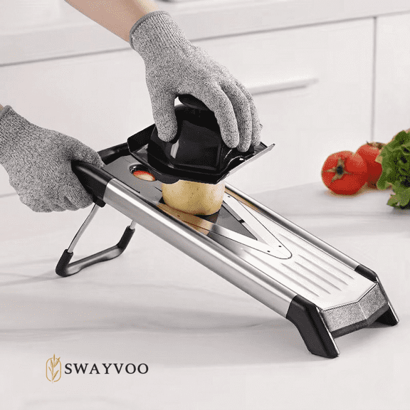 Swayvoo Mandoline Slicer for Vegetables, 5-Blade Adjustable Stainless Steel V-Blade Vegetable Slicer — Safety Gloves Included, Julienne, Grating, Potato, Cucumber, Dishwasher Safe
