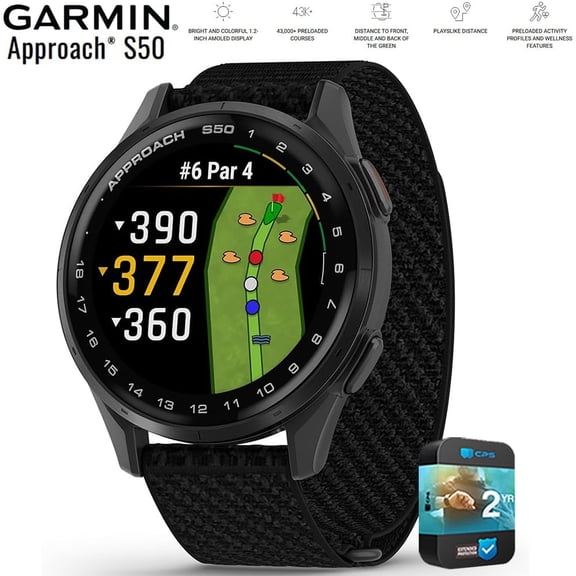 Garmin 010-03010-00 Approach S50, Advanced Golf GPS Smartwatch, AMOLED Display, On-Course Features Bundle with 2 YR CPS Enhanced Protection Pack