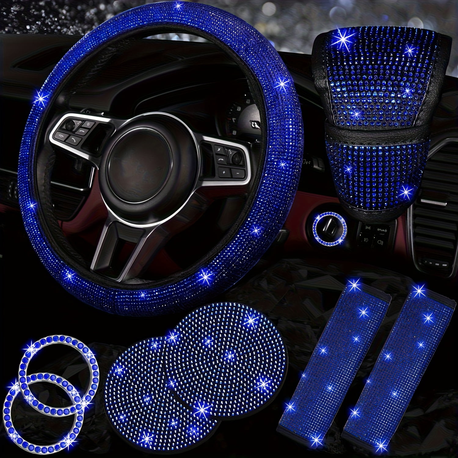 8pcs Bling Car Accessories for Women, Bling Steering Wheel Cover Bling Car Coasters Bling Set Seat Belt Shoulder Pads Ring Emblem Sticker Gear Shift Cover