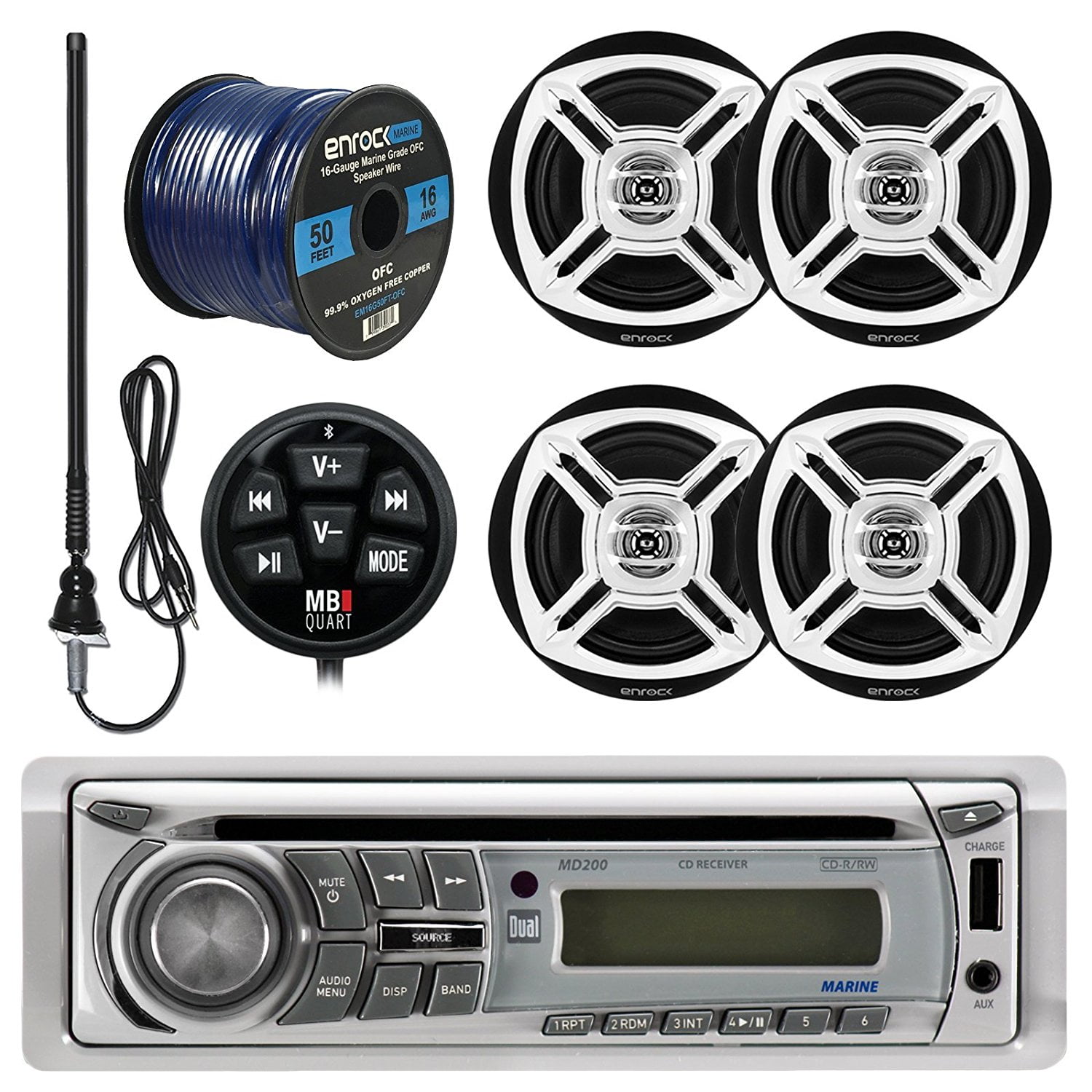 Dual MD200 Marine Boat USB/AUX/CD Player Stereo Receiver Bundle Combo