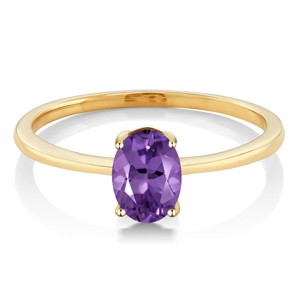 Gem Stone King 10K Yellow Gold Purple Amethyst Solitaire Engagement Ring | 0.75 Cttw | Oval 7X5MM | Gemstone Birthstone, | Wedding Anniversary Promise Gold Ring for Women