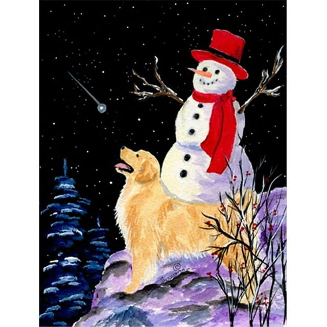 Drapeau Golden Retriever 28 x 40 Po avec Snowman en Toile Taille Maison Chapeau Rouge