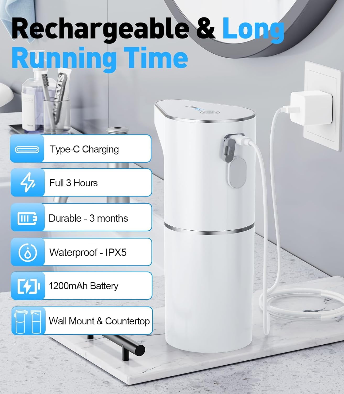 SONGAUN Automatic Soap Dispenser,Touchless Hand Wall Mount Rechargeable 3 Gear Adjustable Electric Soap Dispenser 350ml with Infrared Motion Sensor for Bathroom,Kitchen,Office, Black