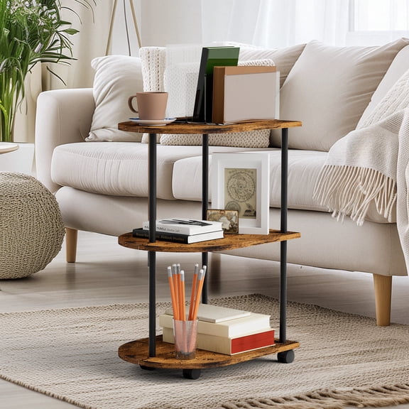 brown 3-Tier Half-Circle Burnished Wood Side Table with Casters – Space-Saving Rolling Storage Cart for Sofa Living Room