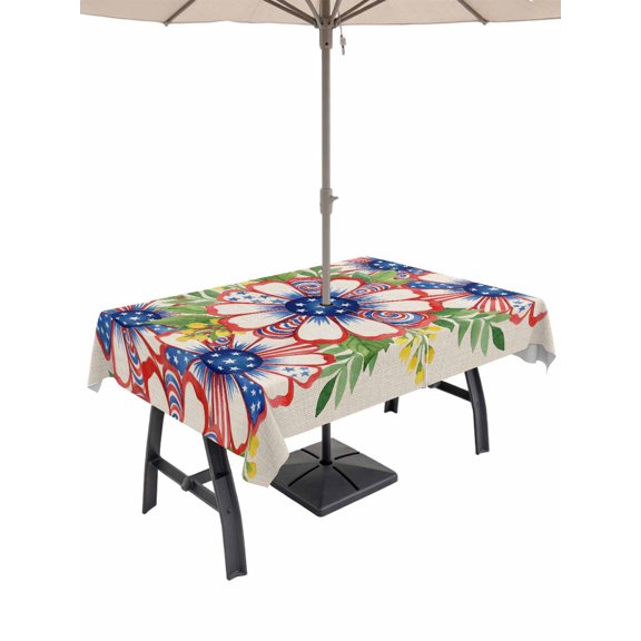 Outdoor Tablecloth with Umbrella Hole for Patio/Picnic/Party/Camping, 4th of July Daisy Waterproof Table Cloth Rectangle Table Cover Washable, Watercolor Independence Day Flroal (60"x 120")