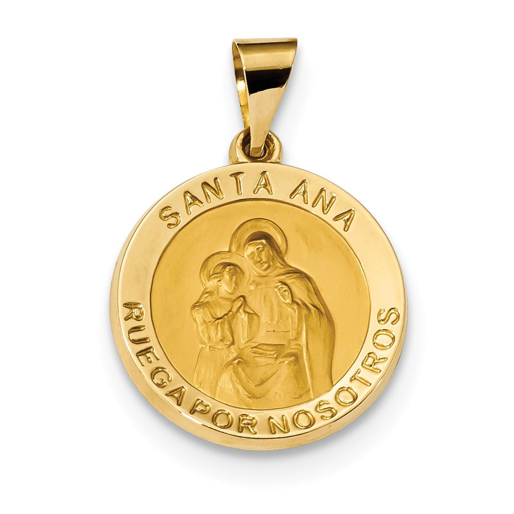 14k Yellow Gold and Satin Hollow Spanish Saint Anne Medal Pendant 