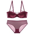 thumbnail image 4 of Conjunto de sujetador y ropa interior de encaje sexy para mujer, de algodón fino en los laterales, con media copa y parte superior de tubo fruncida, 4 of 4