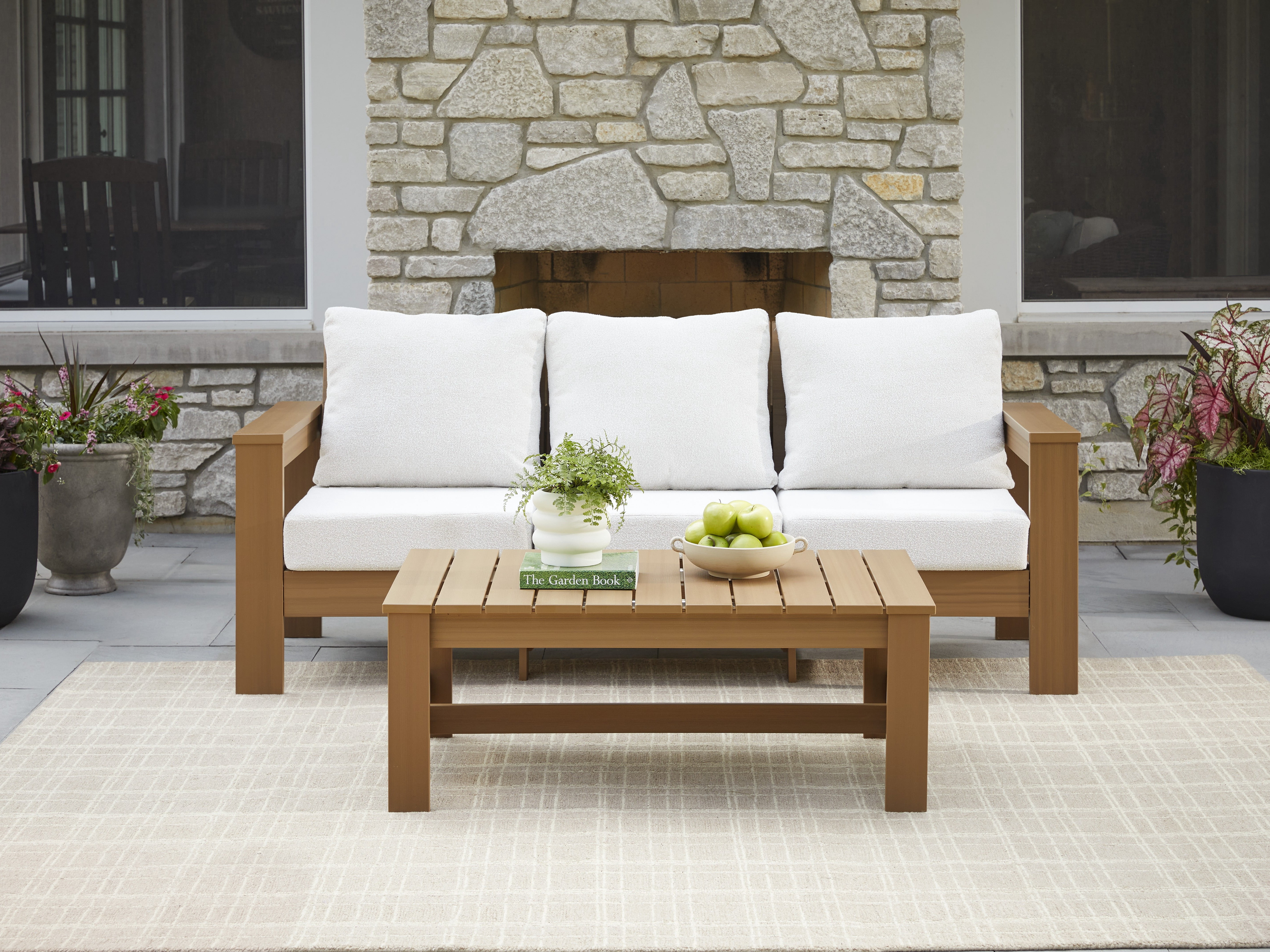 Better Homes & Gardens Ezra 4-Piece Outdoor HDPE Conversation Set, Teak with Cream Boucle Cushions