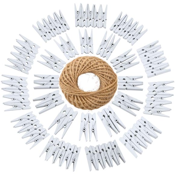 Pinzas para ropa JijaCraft, 100 unidades, madera con cuerda de 3,5 cm y 30 m de yute