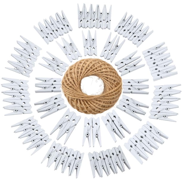 Pinzas para ropa JijaCraft, 100 unidades, madera con cuerda de 3,5 cm y 30 m de yute