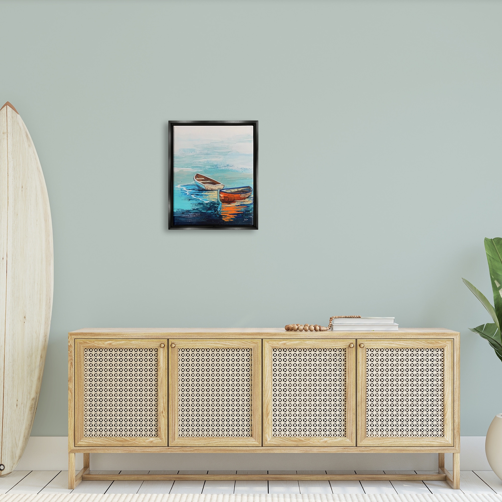 Stupell Industries Quiet Boats Drifting Vivid Ocean Surface Reflection Painting Jet Black Floating Framed Canvas Print Wall Art, Design by Stacy Gresell