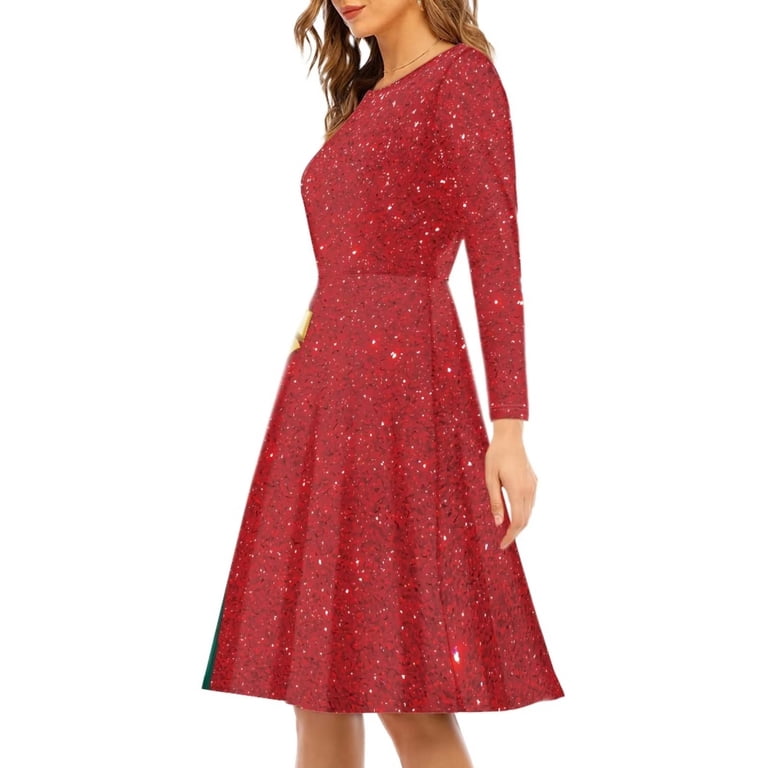 Fkelyi Size L Women Dress Comfy Glitter Christmas Red Christmas Dress Women Elastic A Line Swing Skater Twirl Dresses for Party Fkelyi Size L Women Dress Comfy Glitter Christmas Red Christmas Dress Women Elastic A Line Swing Skater Twirl Dresses for Party