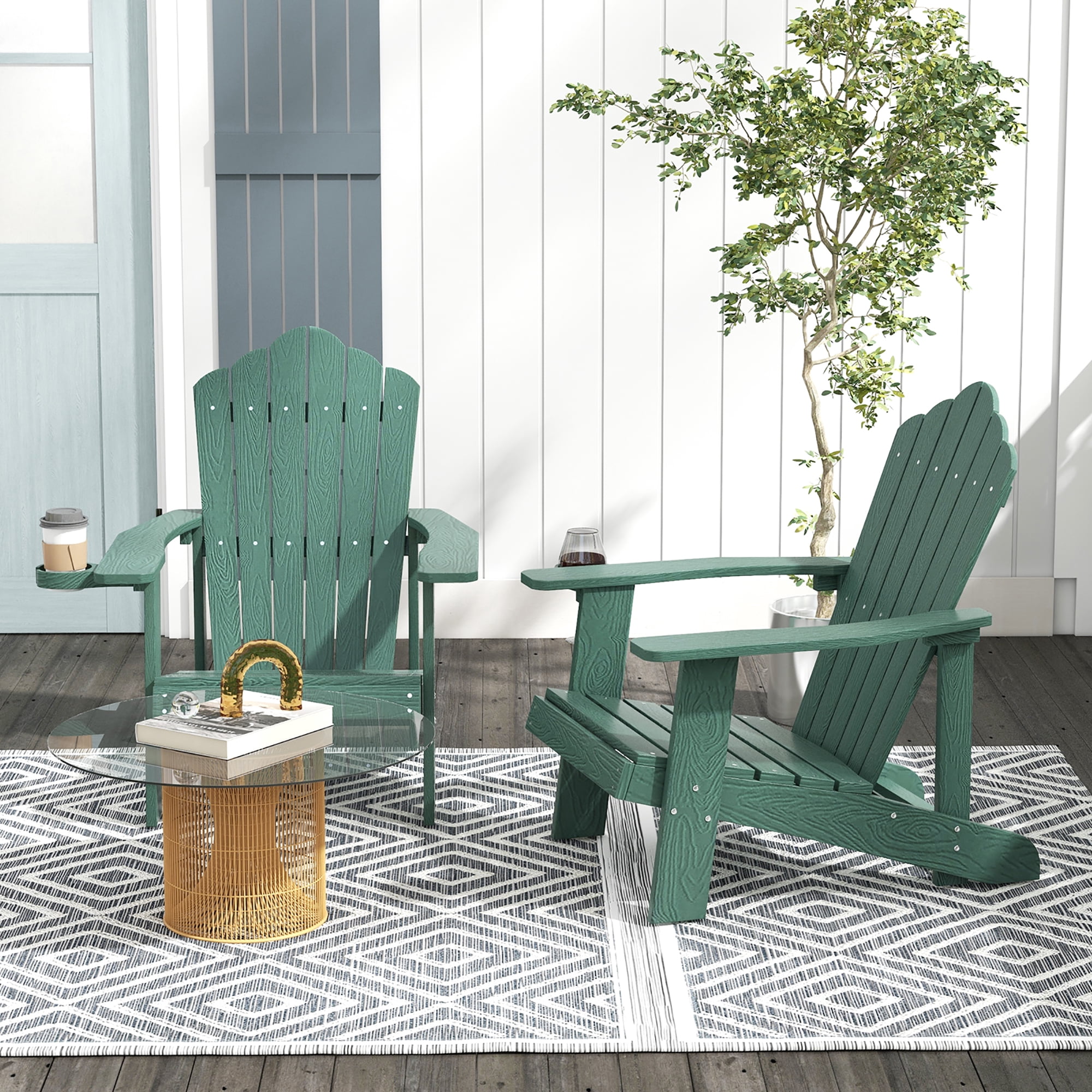 Gymax Patio HIPS Outdoor Weather Resistant Slatted Chair Adirondack Chair w/ Cup Holder Dark Green