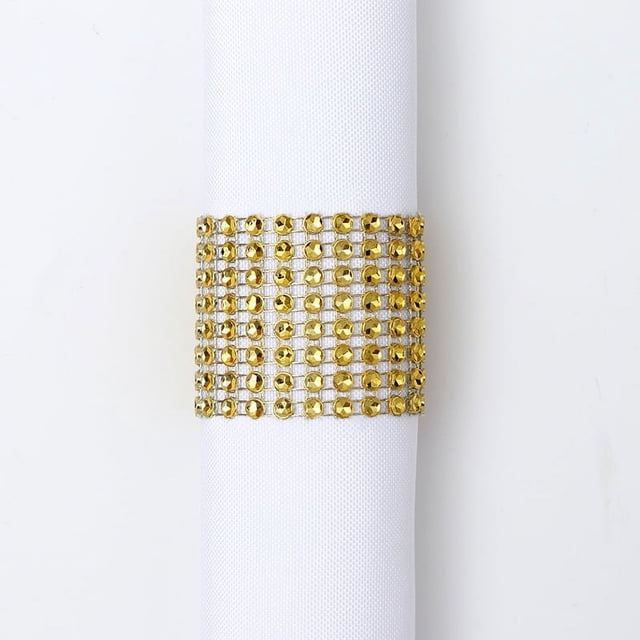 Granjero Gordo Broche de servilleta de diamantes de imitación de malla de 8 filas, utilizado para servilleteros de decoración de fiestas y bodas, dorado, 12 piezas