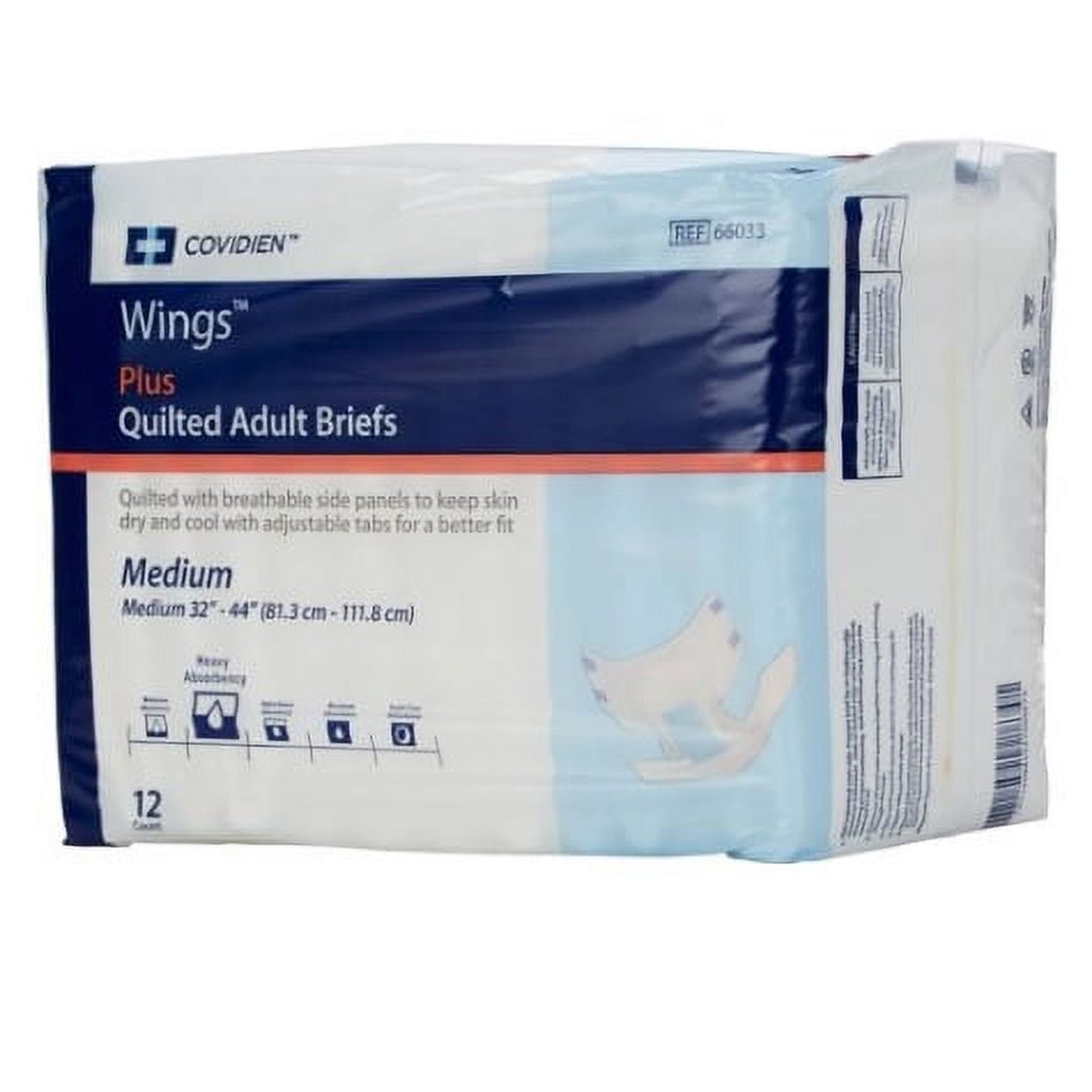 Wings Adult Brief Tab Closure Medium Disposable Heavy Absorbency, 66033 - Pack of 12