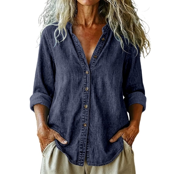Luvrsol Womens Button Up Denim Shirts Long‑Sleeve Jean Blouse Casual Loose Top Coat Jacket S-2XL
