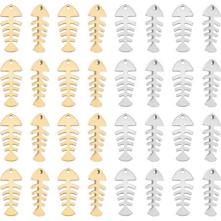 1 Box 40pcs 2 Colors Fishbone Pendants Hypoallergenic Stainless Steel Pendants Fishbone Fish Bones Skeleton Charm for Jewelry Making 1.2mm Hole
