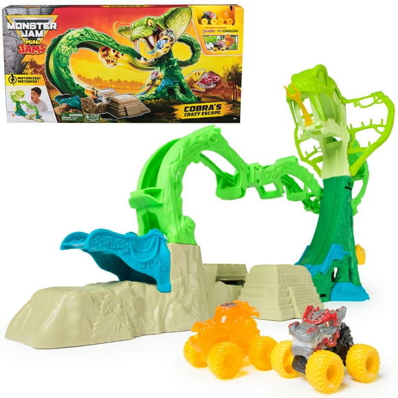 Monster Jam Mini Jams, Cobra’s Crazy Escape Playset with 2 Monster Trucks