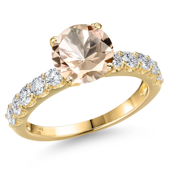 Gem Stone King 14K Yellow Gold Peach Morganite and Lab Grown Diamond Engagement Ring for Women | 2.35 Cttw | Round 8MM | Gemstone October Birthstone | Size 8