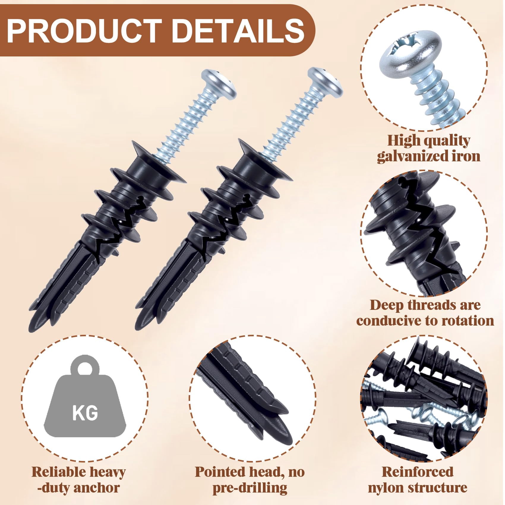 40pcs Self-Drilling Anchors with Screws, Heavy Duty Drywall Anchors Screws Kits, Metal Dry Wall Anchors for Shelves, Clocks, Home Decoration - Black