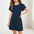 thumbnail image 5 of Fesfesfes Girls' Summer Solid Color Short Sleeve Crew Neck Elastic Waist Dress Casual Comfortable Dress for Kids A-line Ruffle Sleeve Casual Dress 5-15 Years, 5 of 6