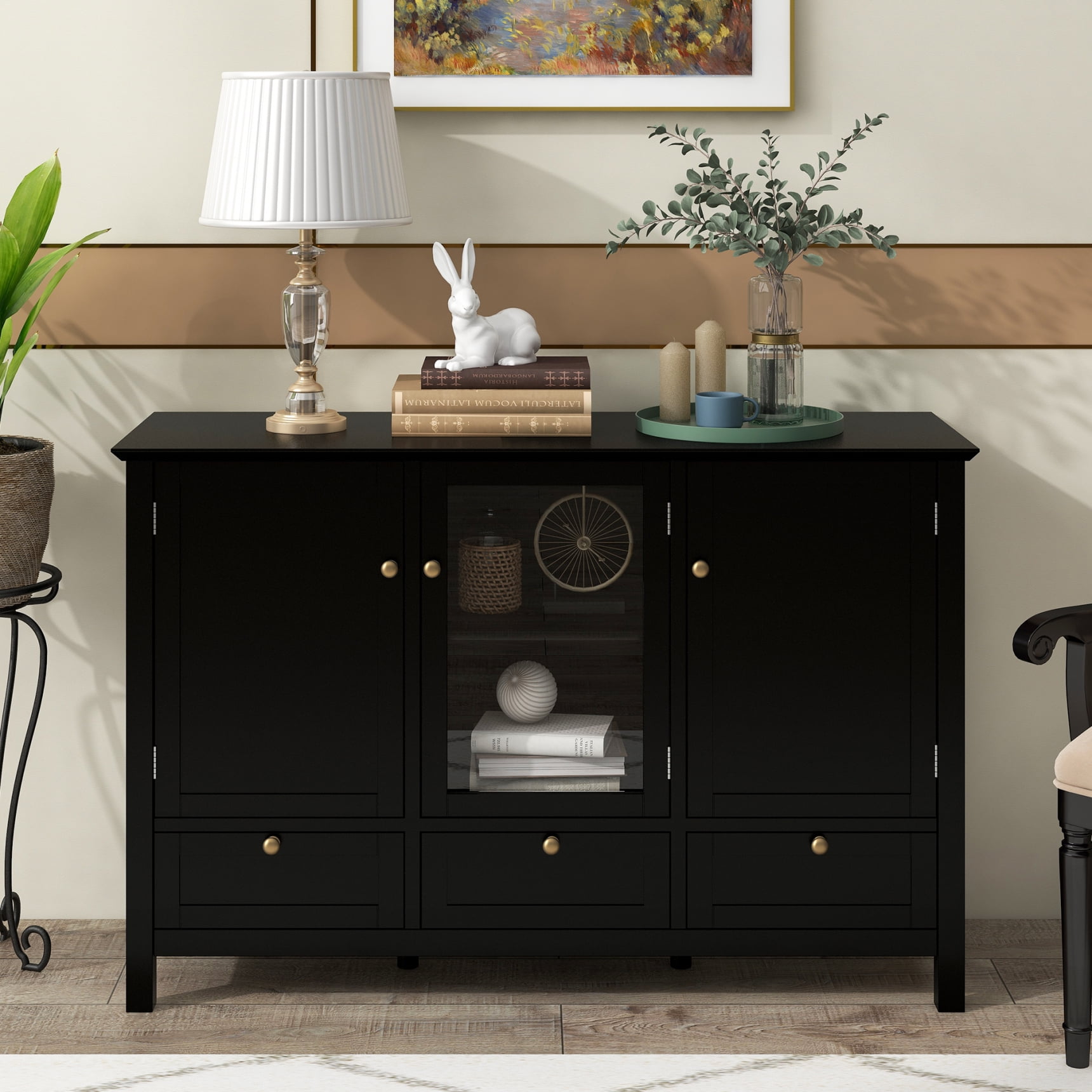 Coffee Bar Accent with 6 Pine Wood Tapered Feet, Console Table
