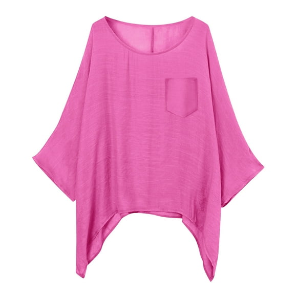 Womens Tops Stylish Casual Solid Color Pocket Loose Comfortable Top Oversized Tshirts for Women Hot Pink L