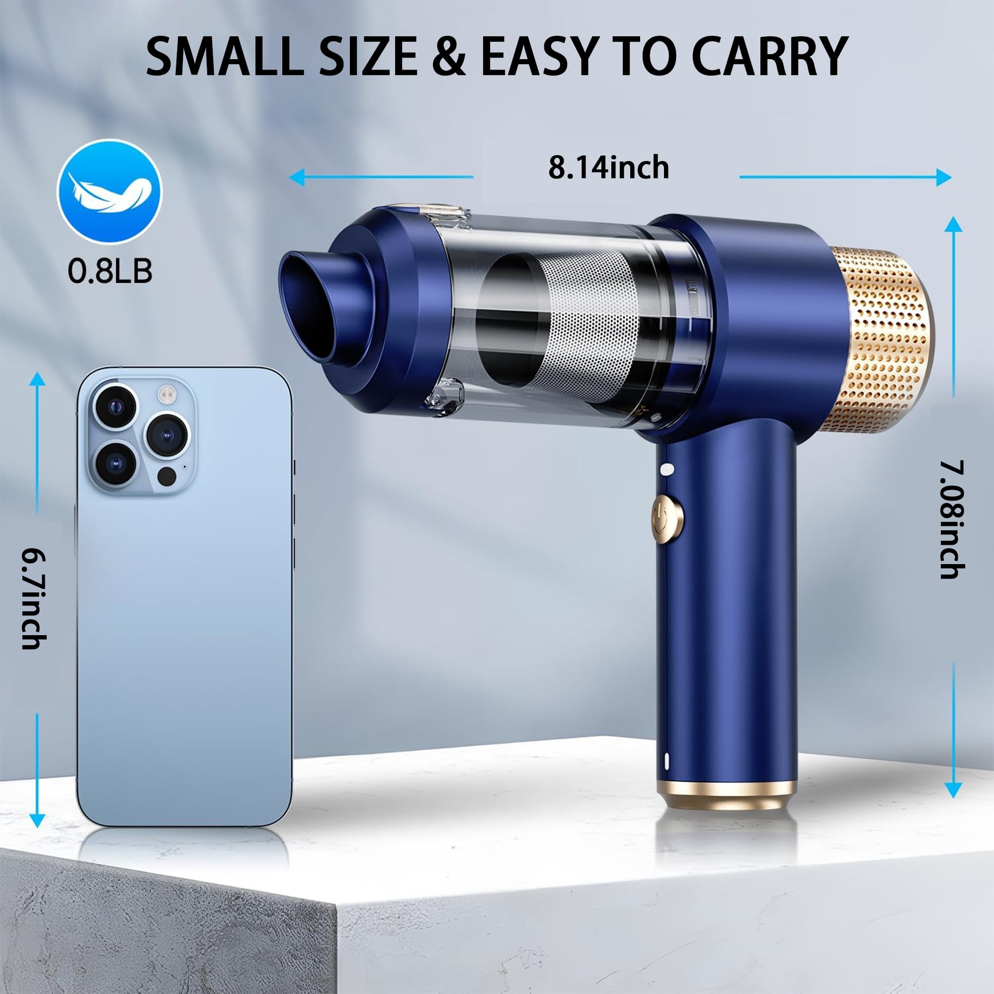 TIKBBRMG Car Vacuum Cleaner, Handheld Cordless Vacuum ,13000PA Suction Portable Mini Small Rechargeable with LED Light For Car Pet Home Office Keyboard Cleaning (Blue)