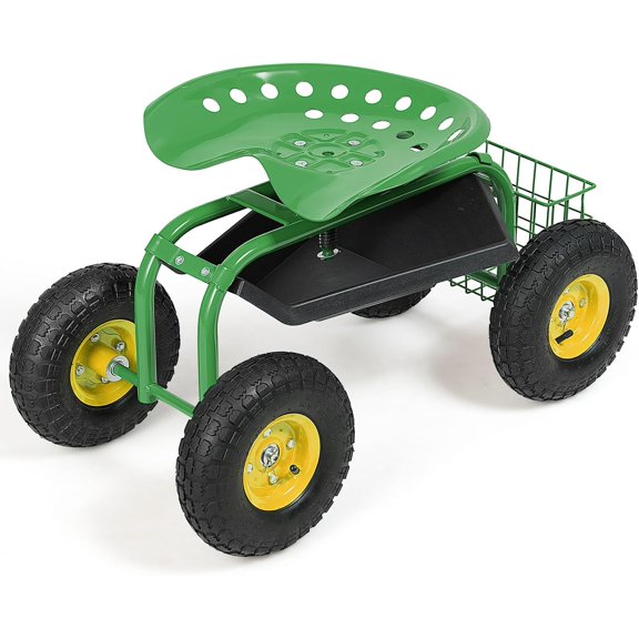 SSyao Garden Seat with Wheels, Heavy-Duty Rolling Garden Cart with 360° Swivel Adjustable Seat,Tool Tray & Rear Basket,Outdoor Gardening Scooter for Lawn,Ideal for Seniors & Adults,Green